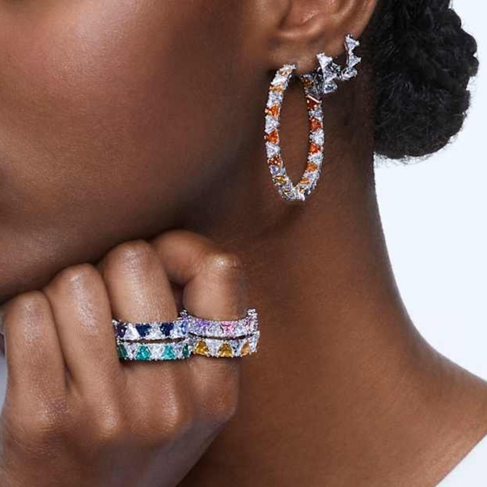 Swavorski Matrix Hoop Earrings White Rhodium Plated Diamond Mini Small Hoop Tiny - Picture 9 of 15